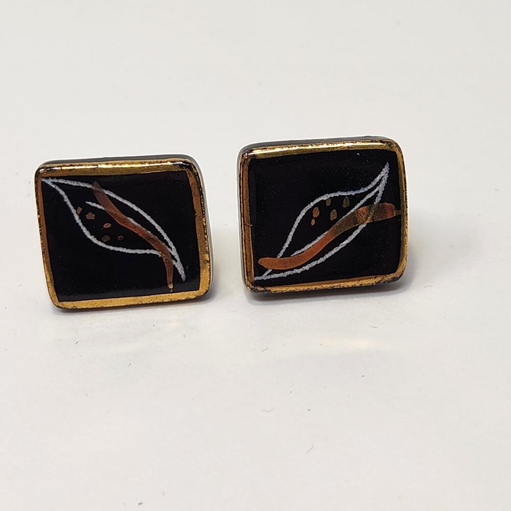 Hand Painted Ceramic Black Gold Tone Cufflinks Vintage 1960s MCM Leaf Motif